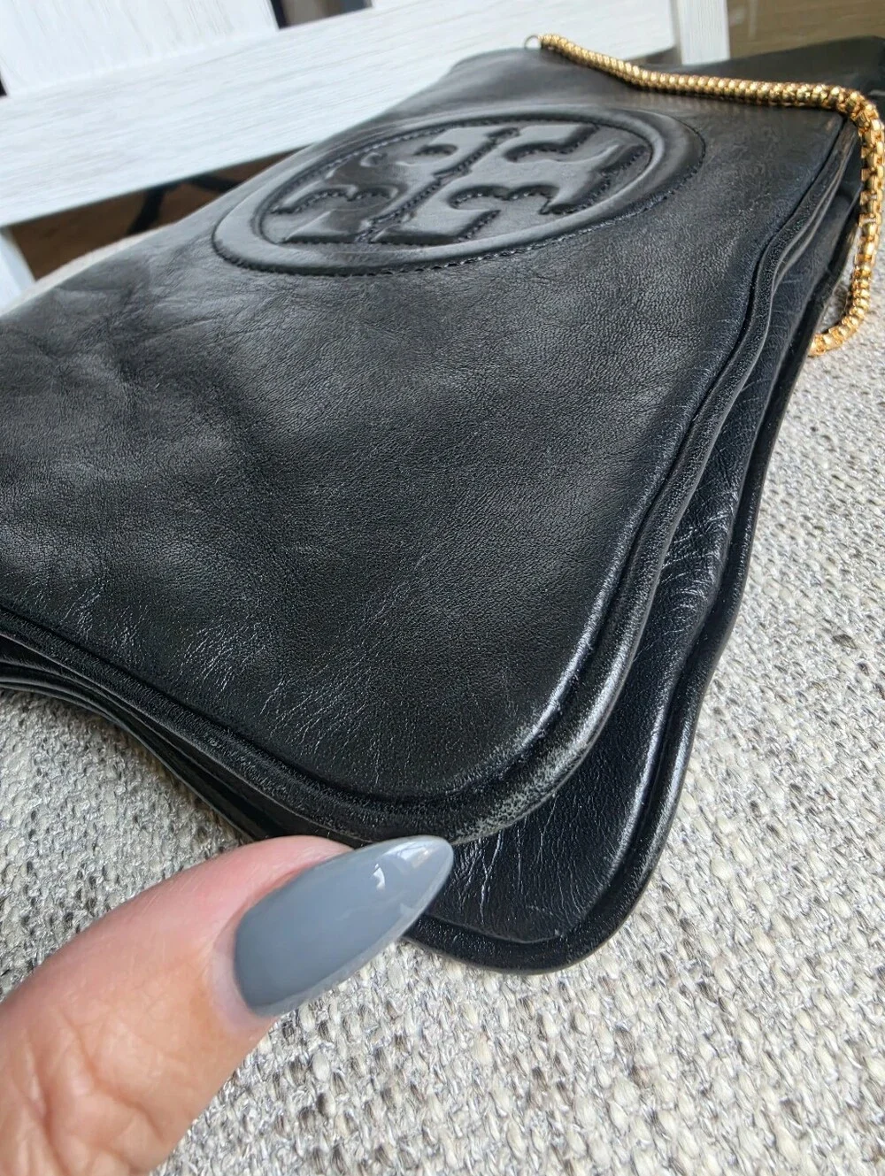 Tory Burch Black Leather Logo Chain Clutch